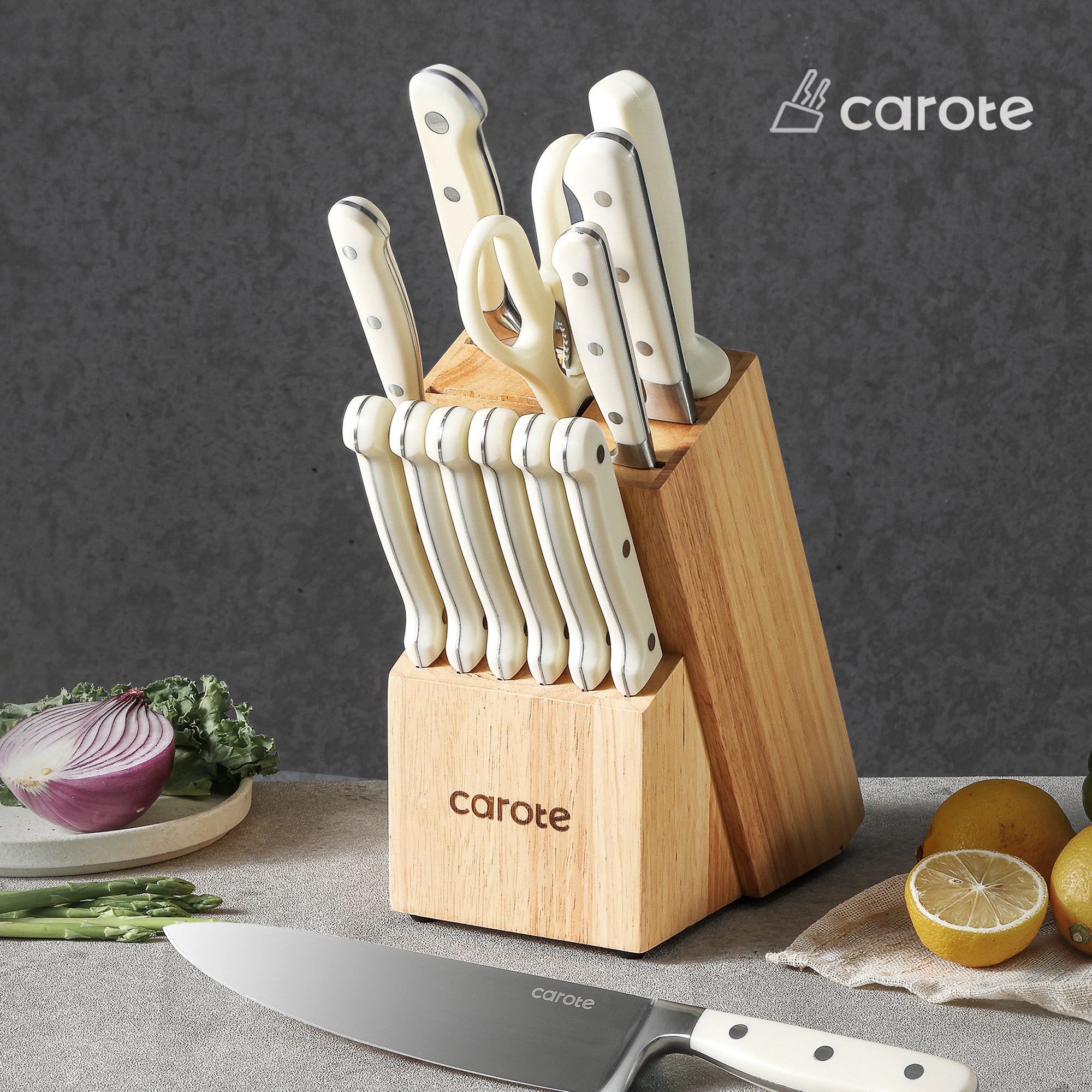 CAROTE 14 Pieces Knife Set with Wooden Block Stainless Steel Knives Dishwasher Safe with Sharp Blade Ergonomic Handle Forged Triple Rivet-Pearl White