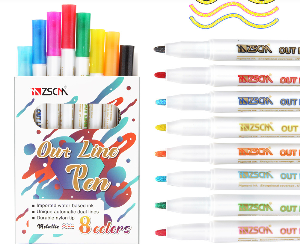 Metal outline pen hand-painted 12-color highlighter marker pen