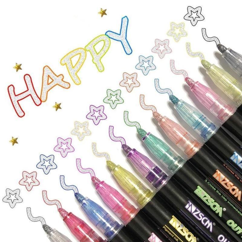 Metal outline pen hand-painted 12-color highlighter marker pen