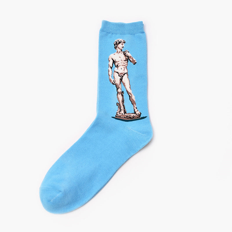 Venta directa de fábrica de Moxiao, calcetines para hombre Qiudong, nueva personalidad, literatura, retro, pintura de fama mundial, calcetines para hombre, pintura al óleo, calcetines para hombre