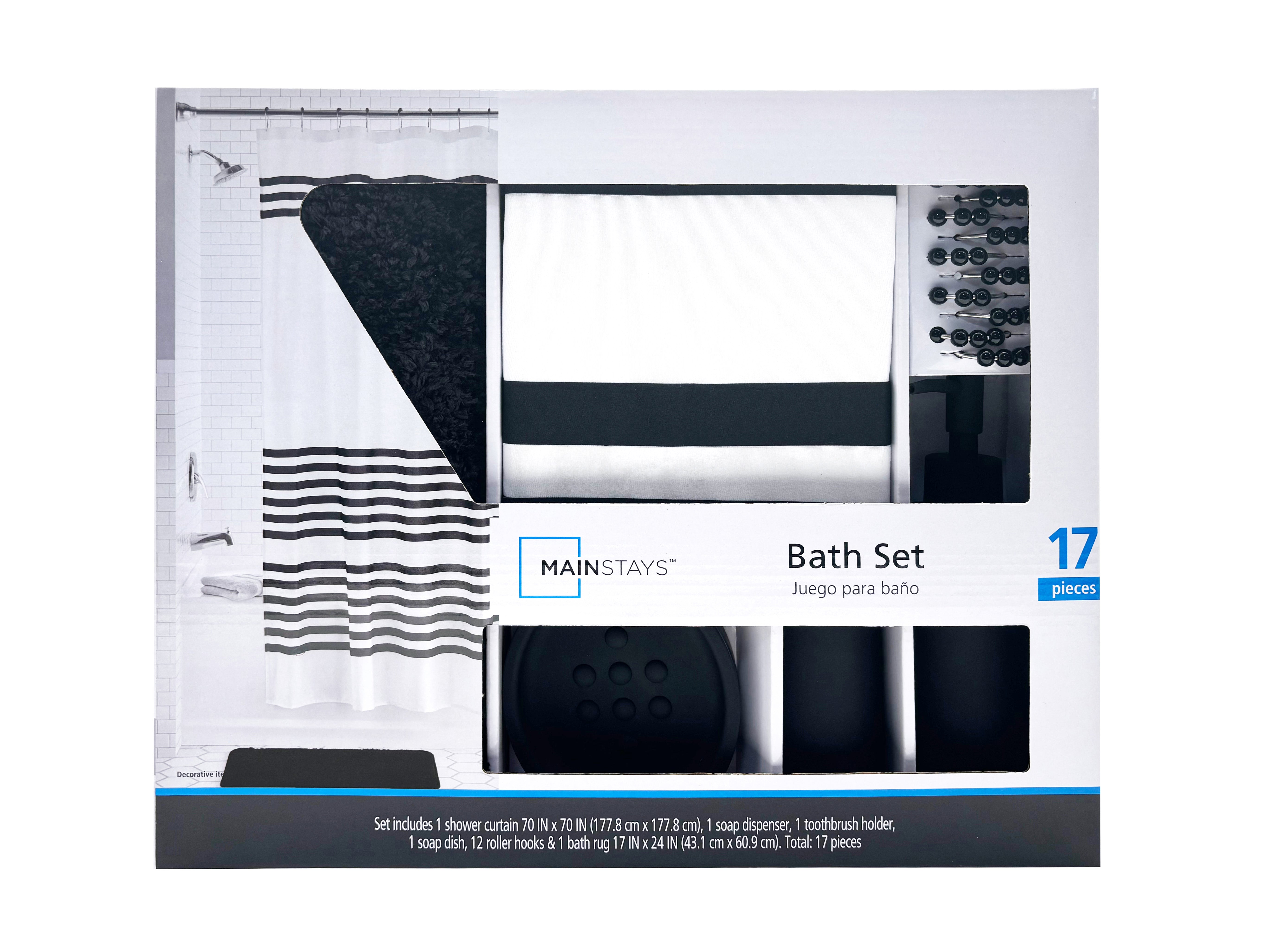 Mainstays 17 Piezas Blanco y Negro Raya Cortina de Ducha de Poliéster / Plástico y Conjunto de Accesorios de Baño - Walmart.com