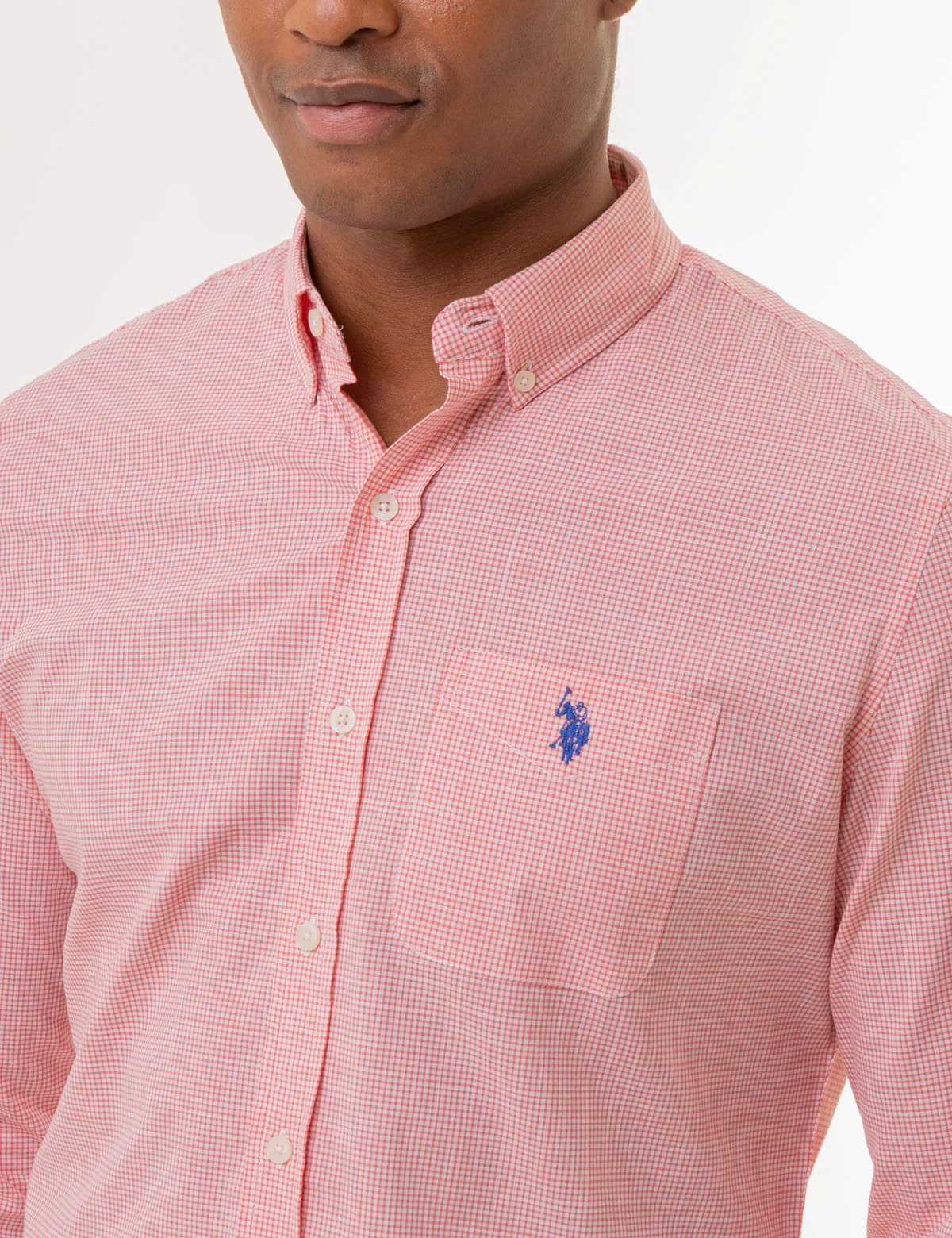 U.S. Polo Assn. Men's Gingam Slub Poplin Long Sleeve Button Down Shirt, Pink Coral, Large