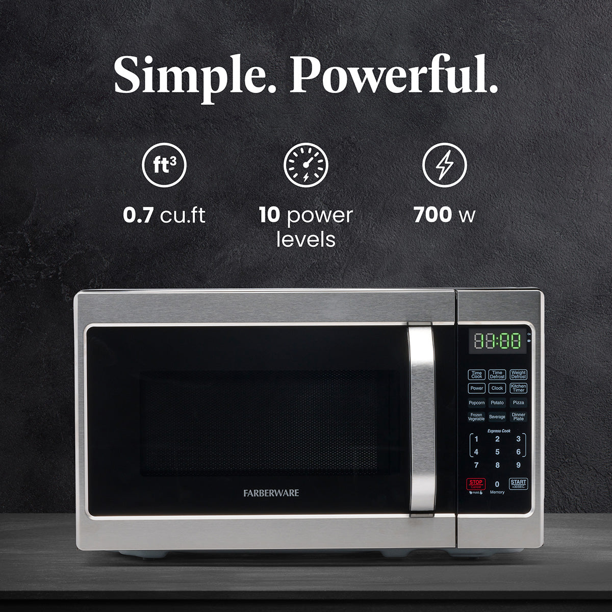 Farberware Countertop Microwave Oven with LED Lighting & Child Lock, 0.7 Cu Ft Brushed Stainless