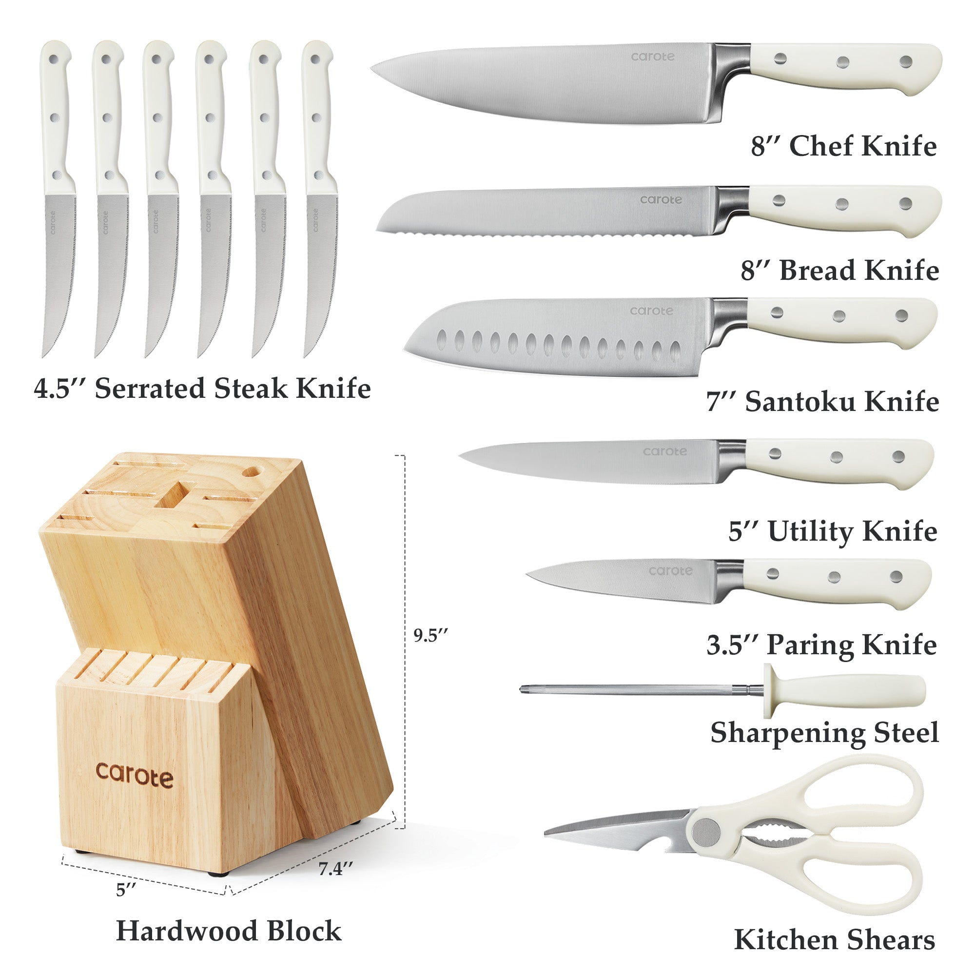 CAROTE 14 Pieces Knife Set with Wooden Block Stainless Steel Knives Dishwasher Safe with Sharp Blade Ergonomic Handle Forged Triple Rivet-Pearl White