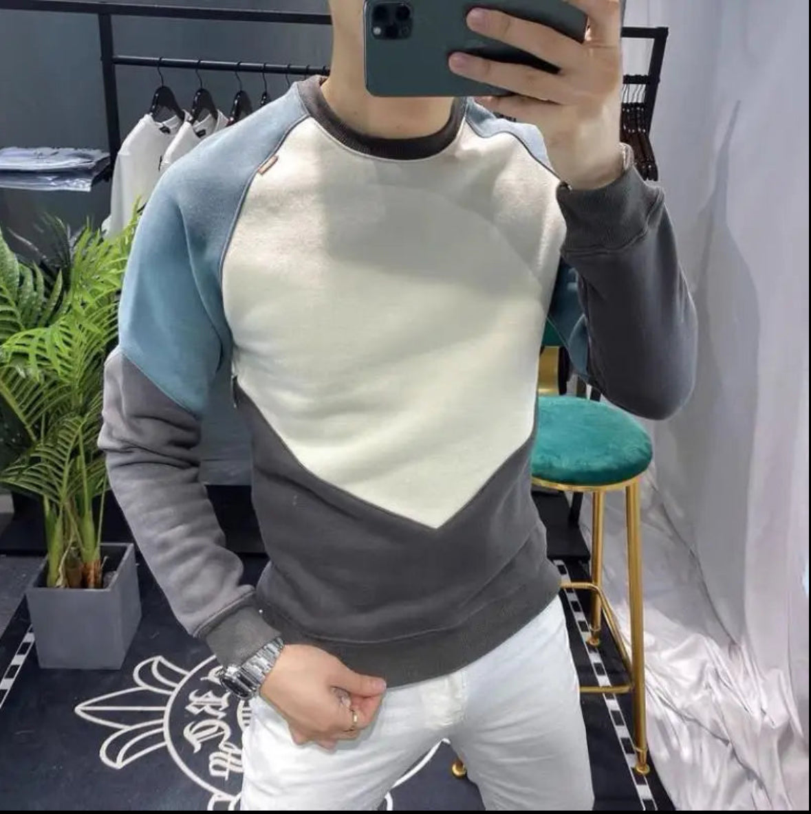 Simplicity Autumn Winter New Men's O-Neck Contrast Color Patchwork Fashion Trend Plus Velvet Loose Long Sleeve Sweatshirts Tops