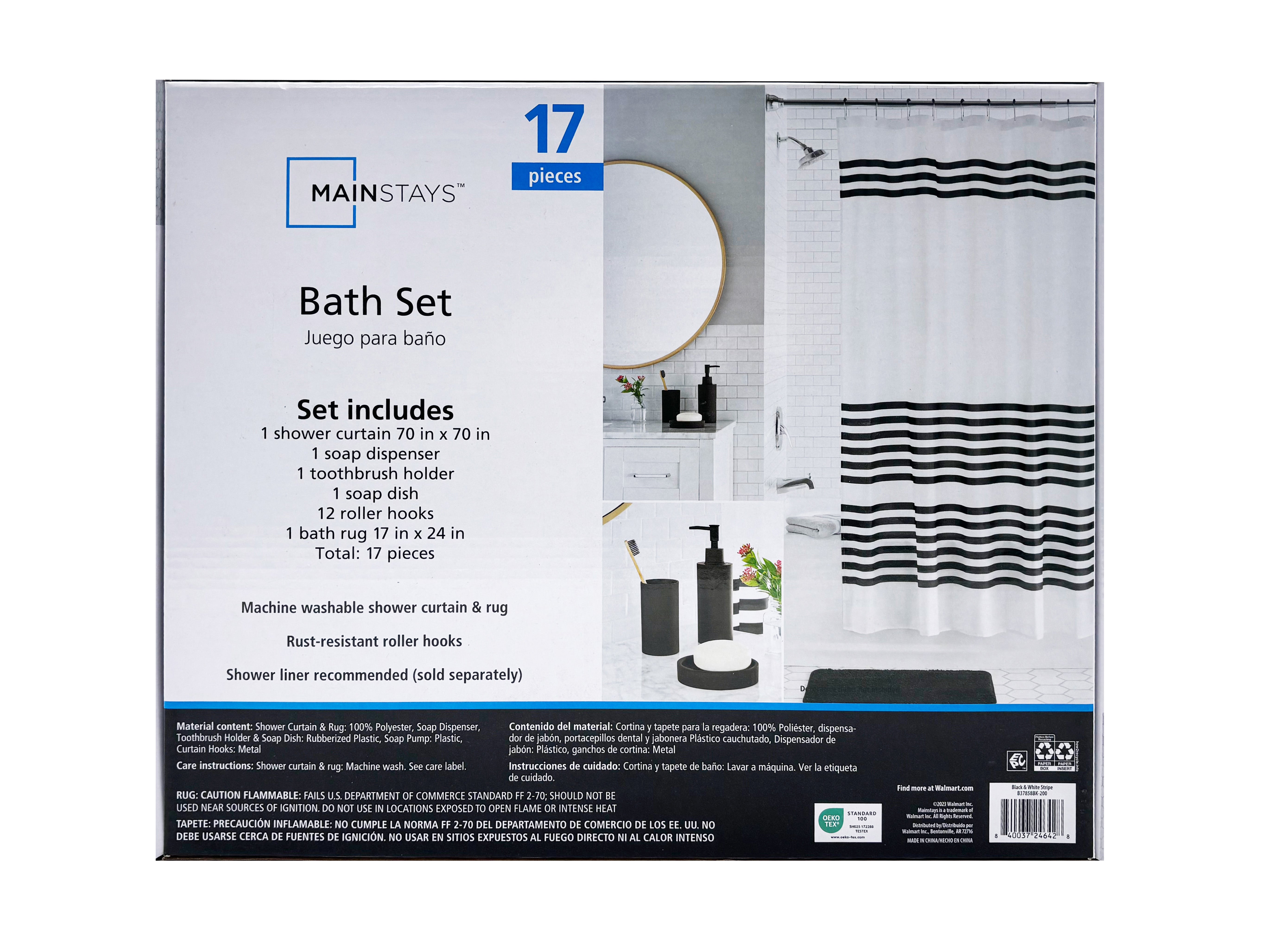 Mainstays 17 Piezas Blanco y Negro Raya Cortina de Ducha de Poliéster / Plástico y Conjunto de Accesorios de Baño - Walmart.com