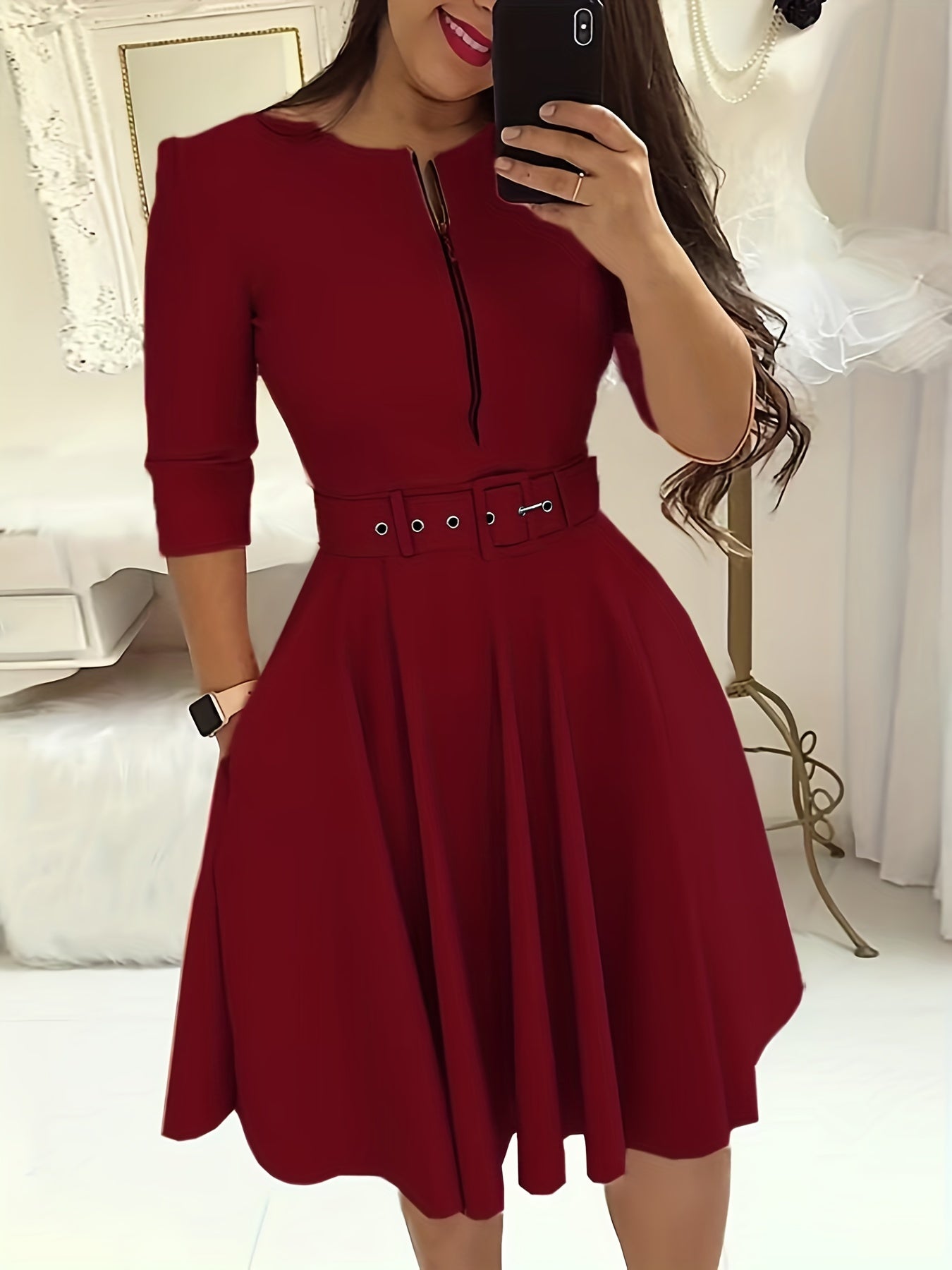 Crew Neck Zipper Dress